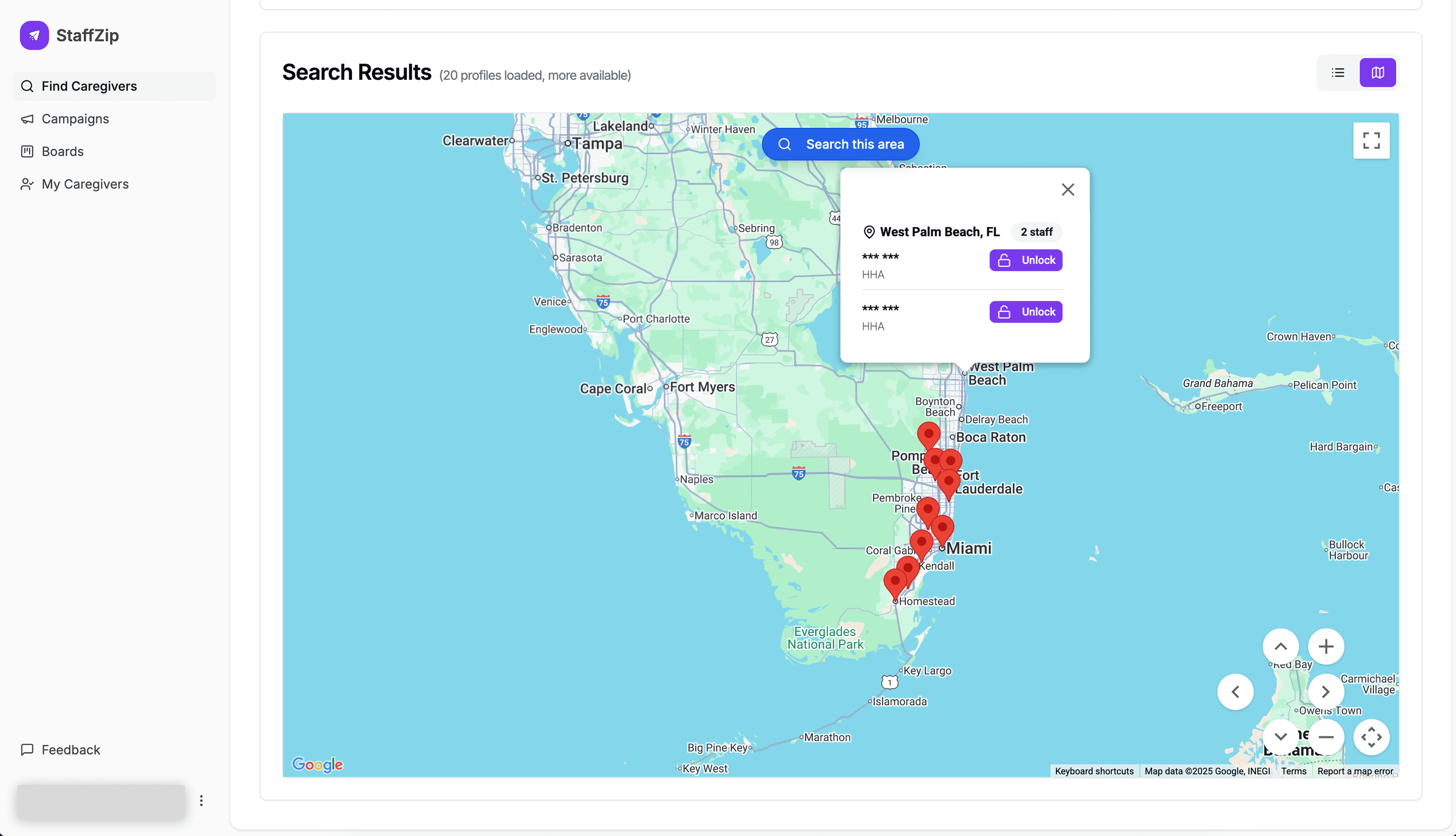 StaffZip Dashboard - Browse and unlock caregiver profiles